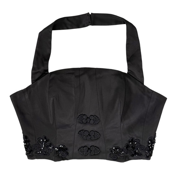 Bebe Size 6 Black Satin Sequin Appliqué Halter Crop Corset Tank Top - Picture 7 of 7